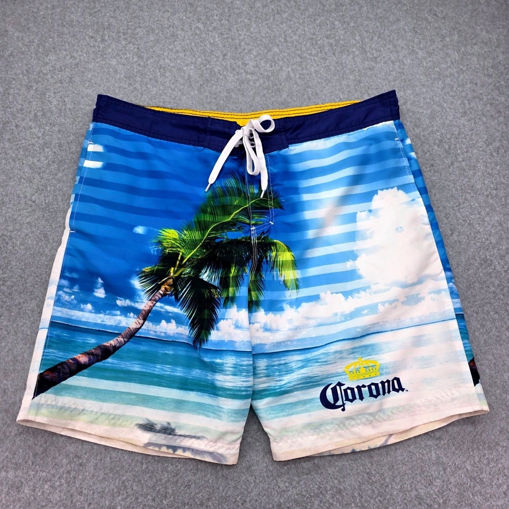 Corona Extra Mens‎ Board Shorts Blue Tropical Palm Tree Swim Trunks Size L